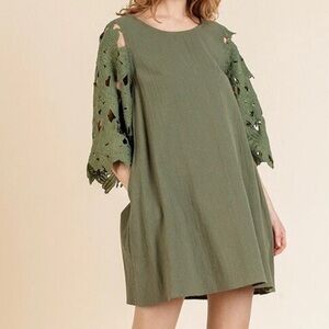 NWT Umgee plus size green cotton lace applique bell sleeve dress Size 2X